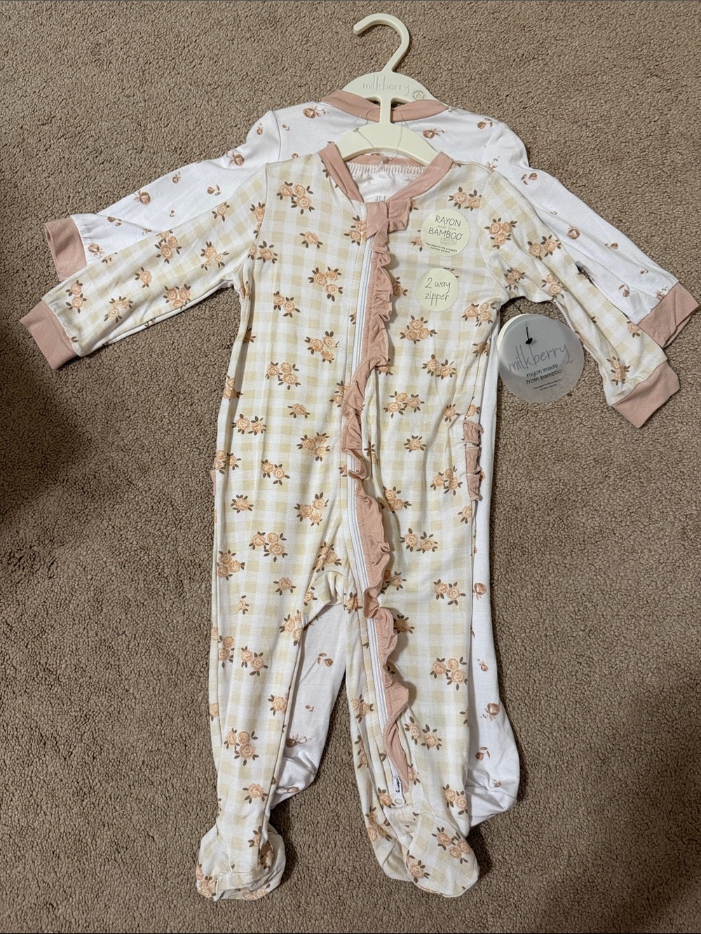 Milkberry set of 2 Cream & Rose Floral Ruffle Footed One-Piece
